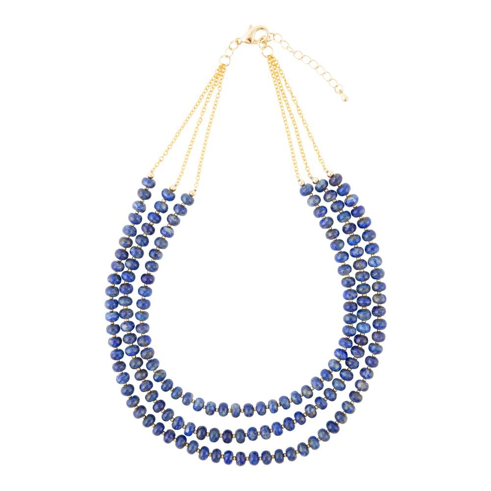 Barse Blue Lapis Triple Strand Golden Necklace