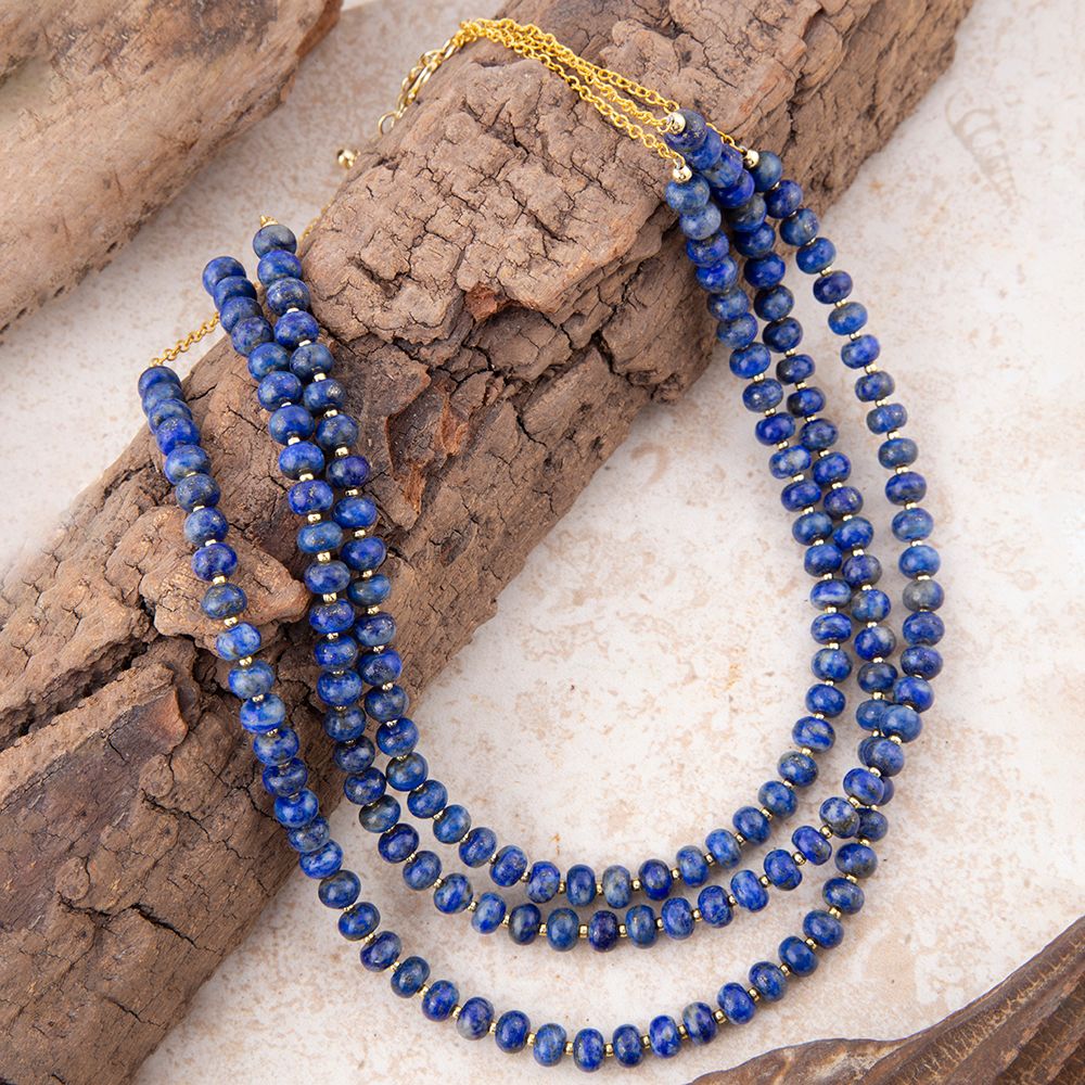 Barse Blue Lapis Triple Strand Golden Necklace