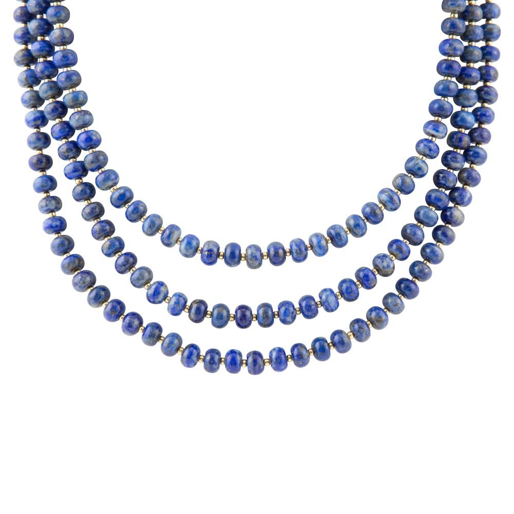 Barse Blue Lapis Triple Strand Golden Necklace