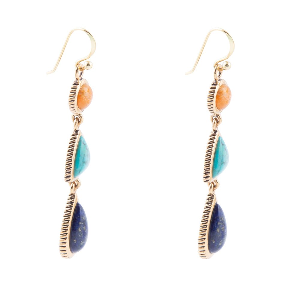 Barse Blue Lapis, Turquoise and Orange Sponge Coral Golden Drop Earrings