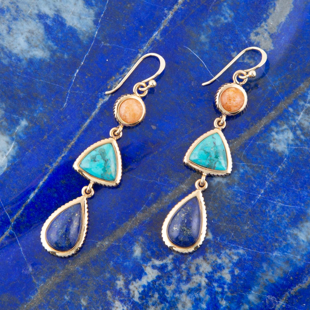 Barse Blue Lapis, Turquoise and Orange Sponge Coral Golden Drop Earrings