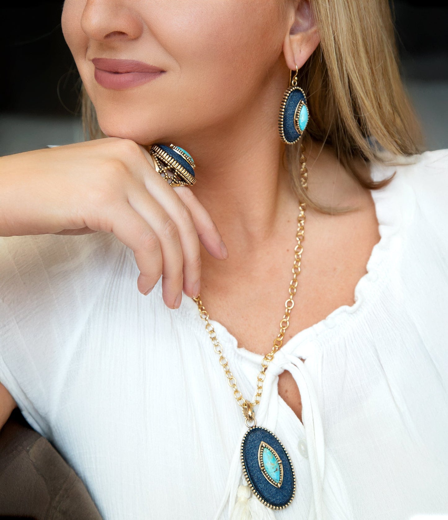 Barse Stacked Blue Turquoise and Denim Golden Pendant Necklace