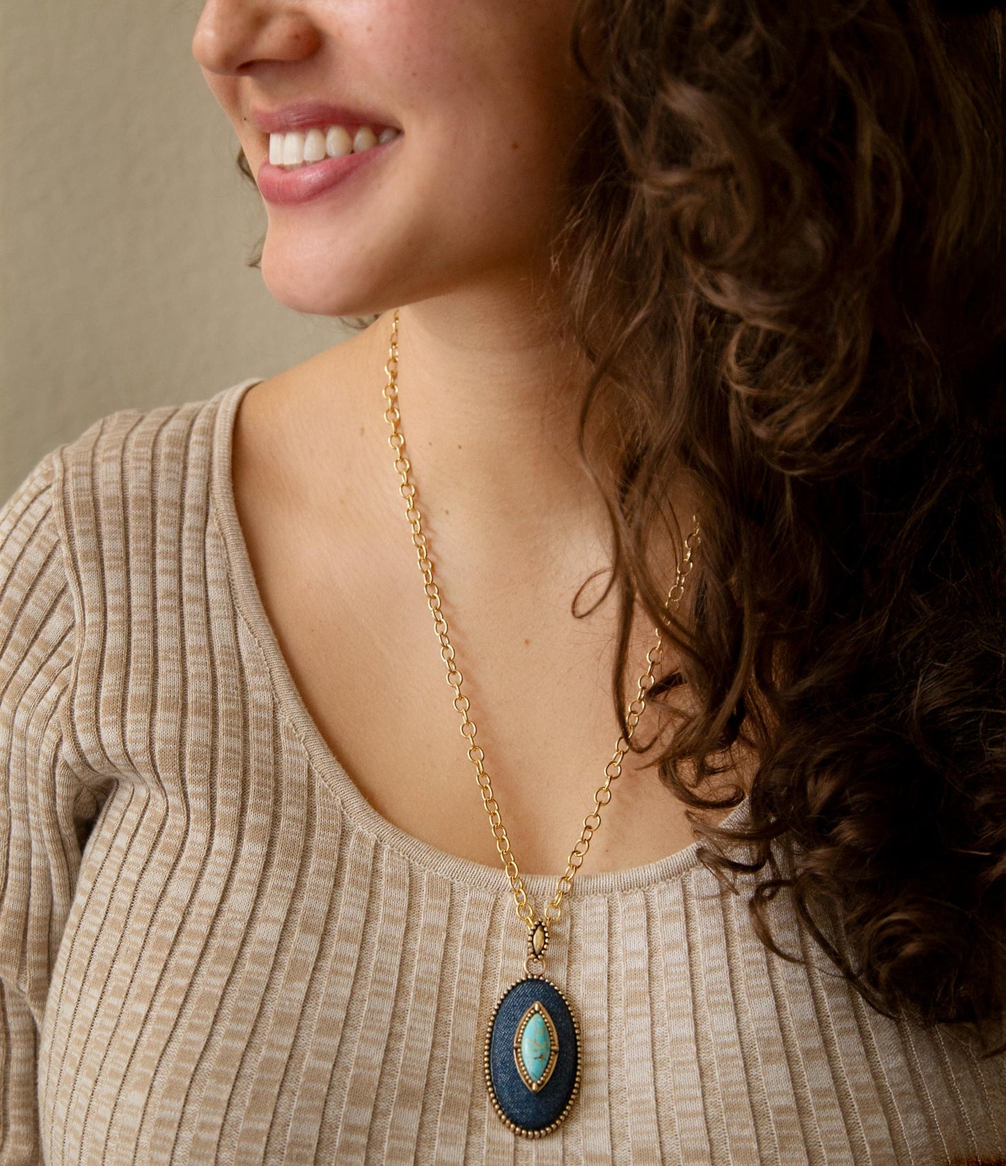 Barse Stacked Blue Turquoise and Denim Golden Pendant Necklace