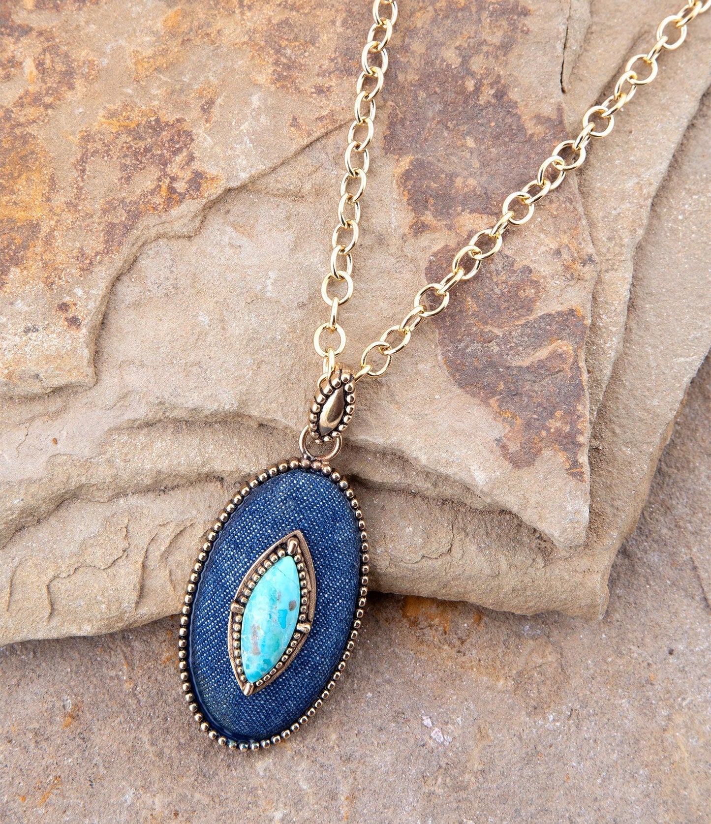 Barse Stacked Blue Turquoise and Denim Golden Pendant Necklace