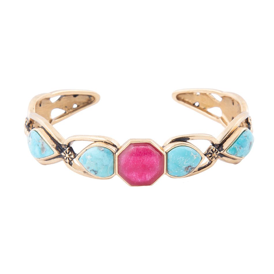 Barse Blue Turquoise and Red Quartz Golden Cuff Bracelet