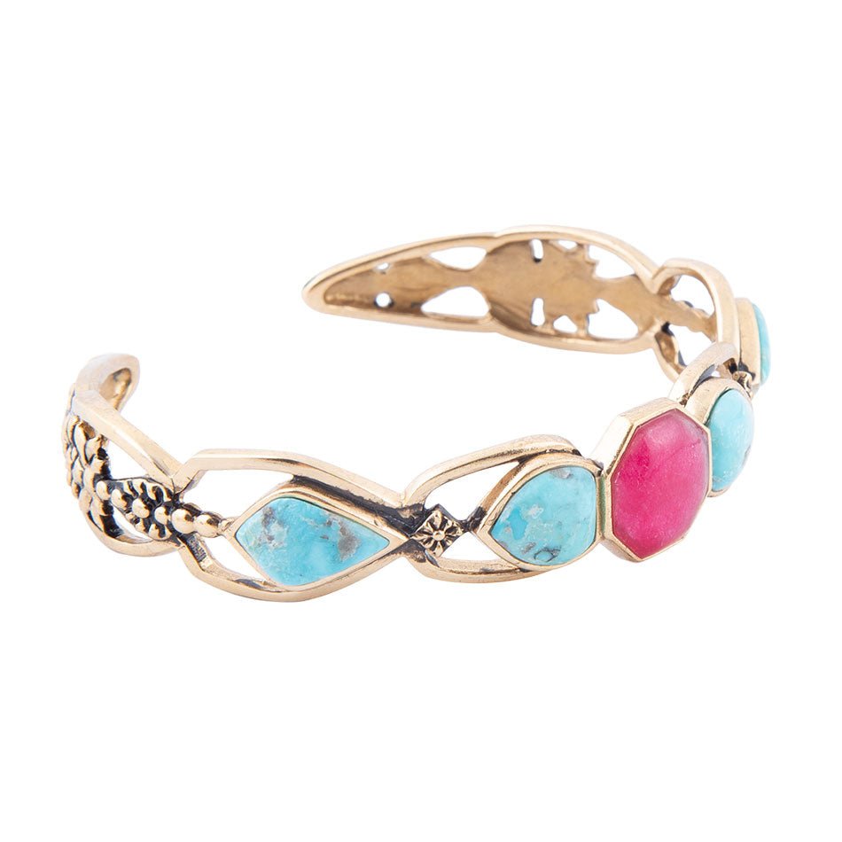 Barse Blue Turquoise and Red Quartz Golden Cuff Bracelet