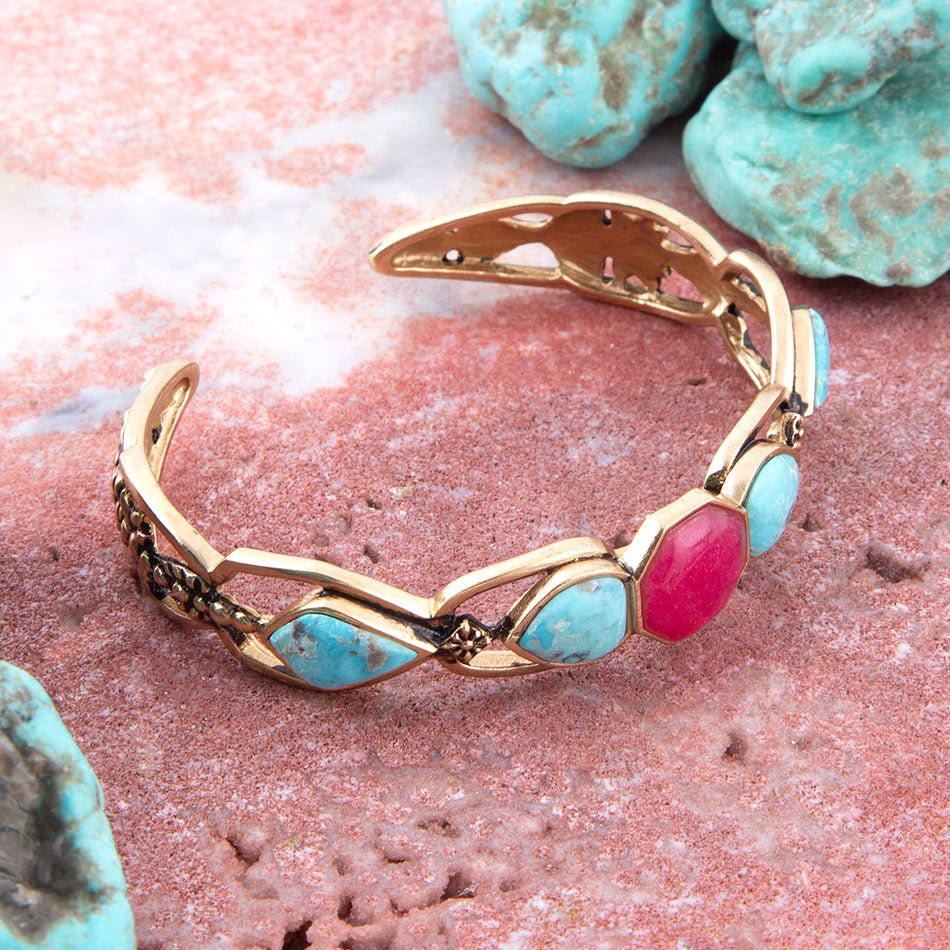 Barse Blue Turquoise and Red Quartz Golden Cuff Bracelet