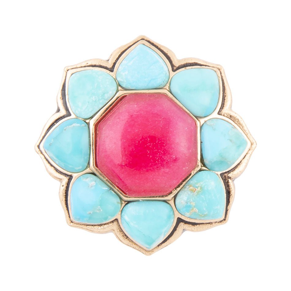 Barse Blue Turquoise and Red Quartz Flower Golden Ring