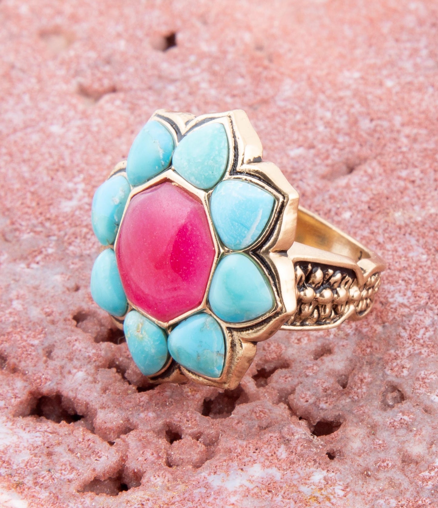 Barse Blue Turquoise and Red Quartz Flower Golden Ring