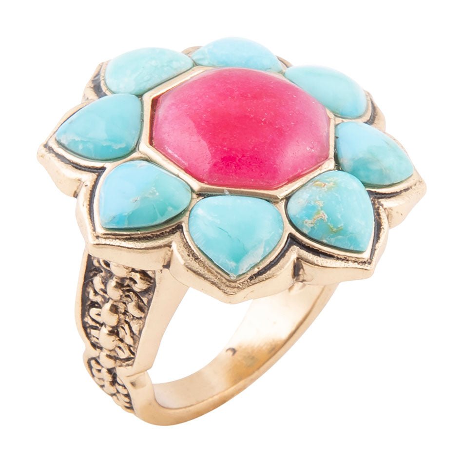 Barse Blue Turquoise and Red Quartz Flower Golden Ring