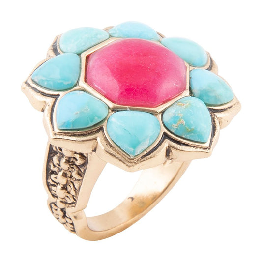 Barse Blue Turquoise and Red Quartz Flower Golden Ring