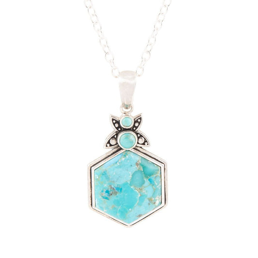 Barse Blue Turquoise and Sterling Silver Hexagon Pendant Necklace