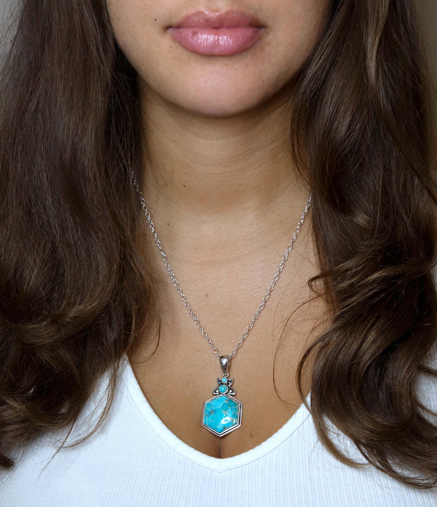 Barse Blue Turquoise and Sterling Silver Hexagon Pendant Necklace