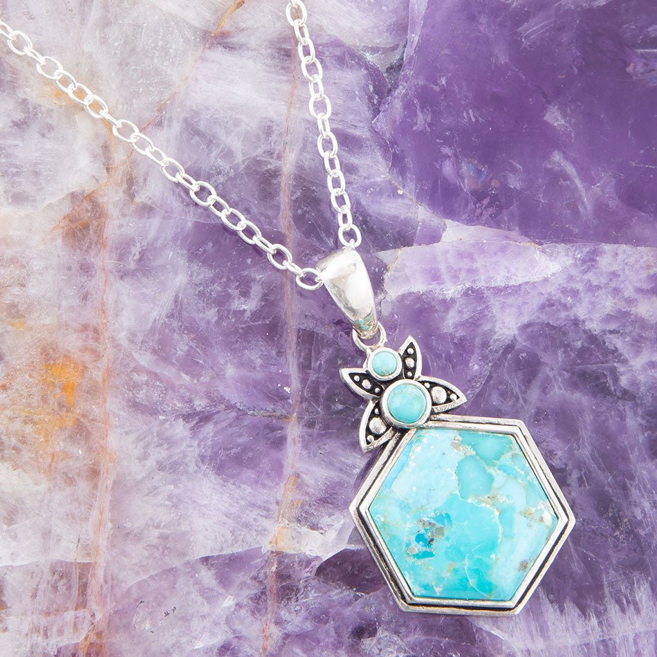 Barse Blue Turquoise and Sterling Silver Hexagon Pendant Necklace