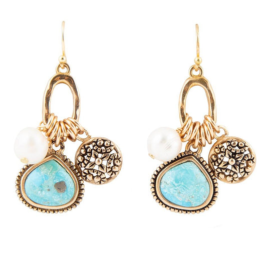 Barse Blue Turquoise and White Pearl Multi Charm Golden Charm Earrings