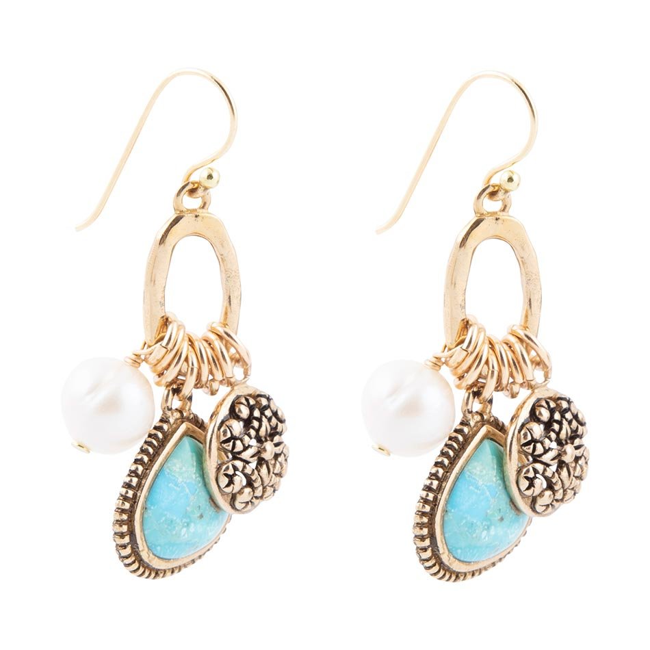 Barse Blue Turquoise and White Pearl Multi Charm Golden Charm Earrings
