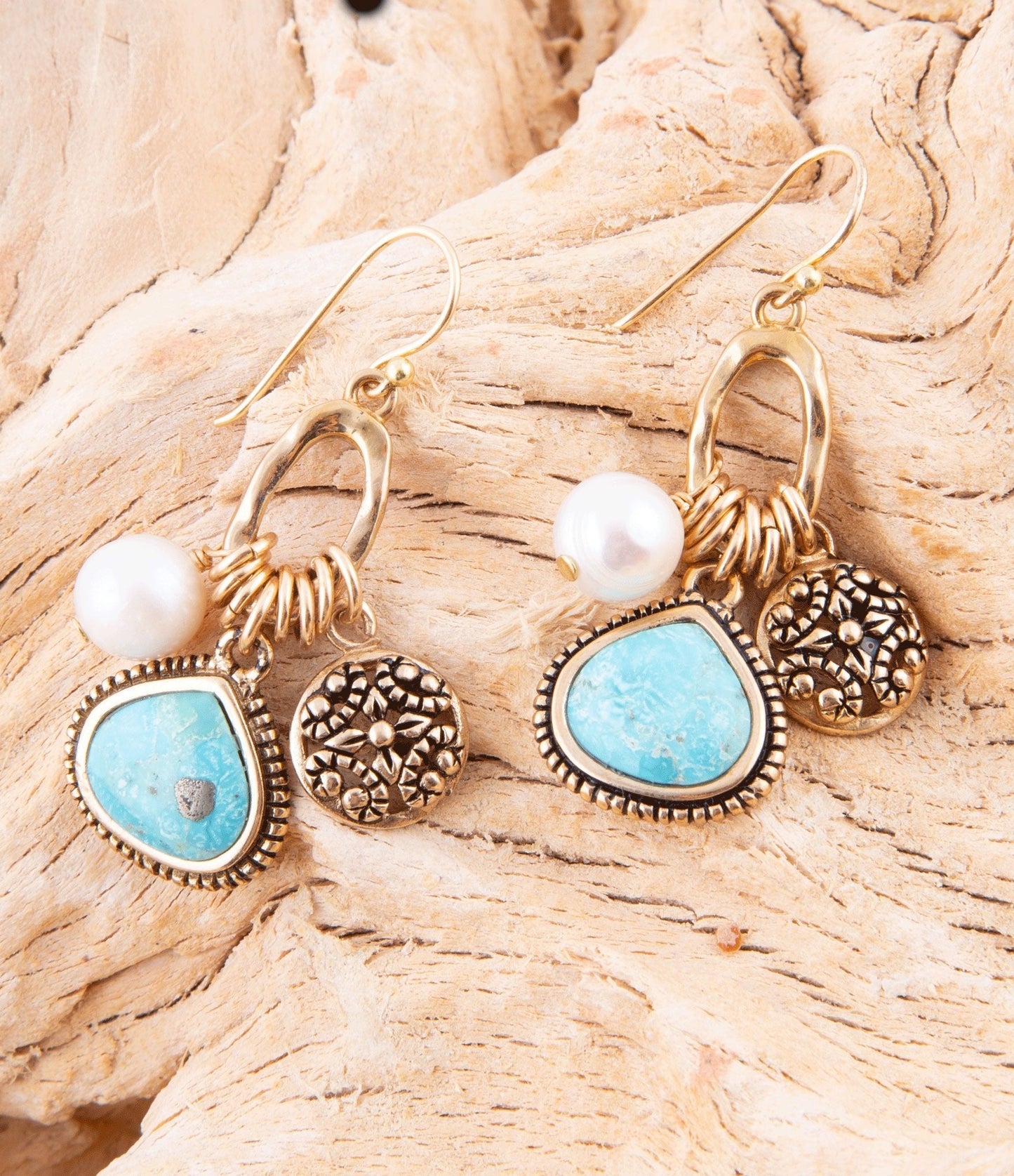 Barse Blue Turquoise and White Pearl Multi Charm Golden Charm Earrings