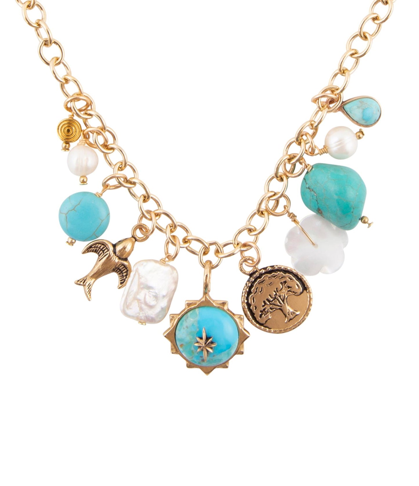 Barse Blue Turquoise and White Pearl Multi Charm Golden Necklace