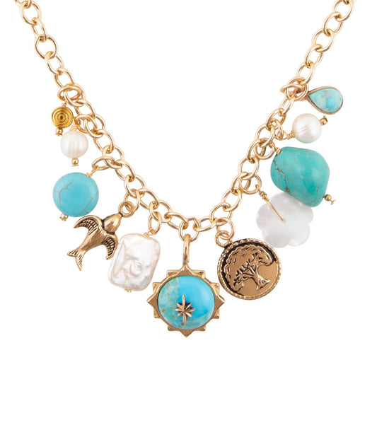 Barse Blue Turquoise and White Pearl Multi Charm Golden Necklace