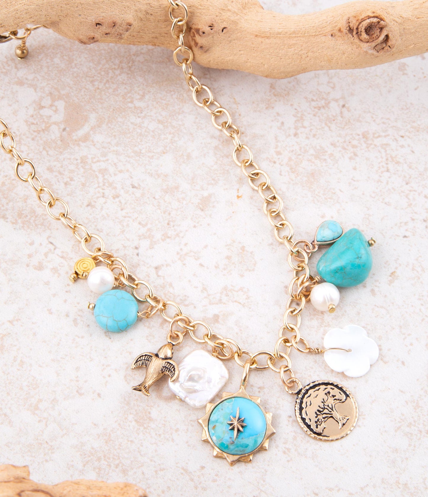 Barse Blue Turquoise and White Pearl Multi Charm Golden Necklace