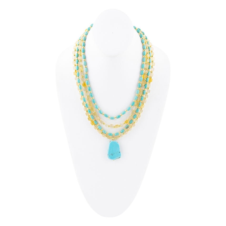 Blue Turquoise and Yellow Citrine Multi-Layer Golden Necklace