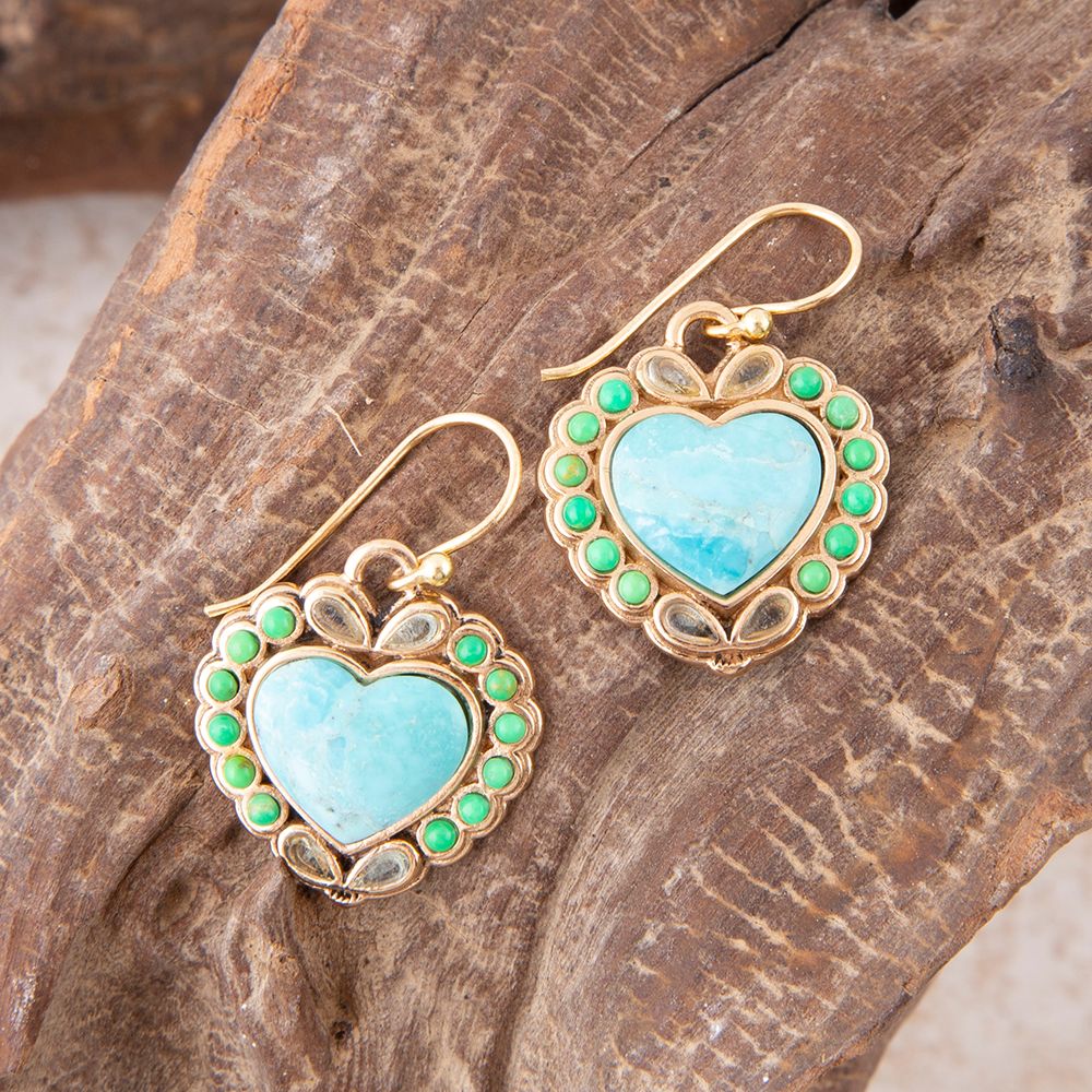 Barse Legacy Heart Lime Green and Blue Turquoise Golden Drop Earrings