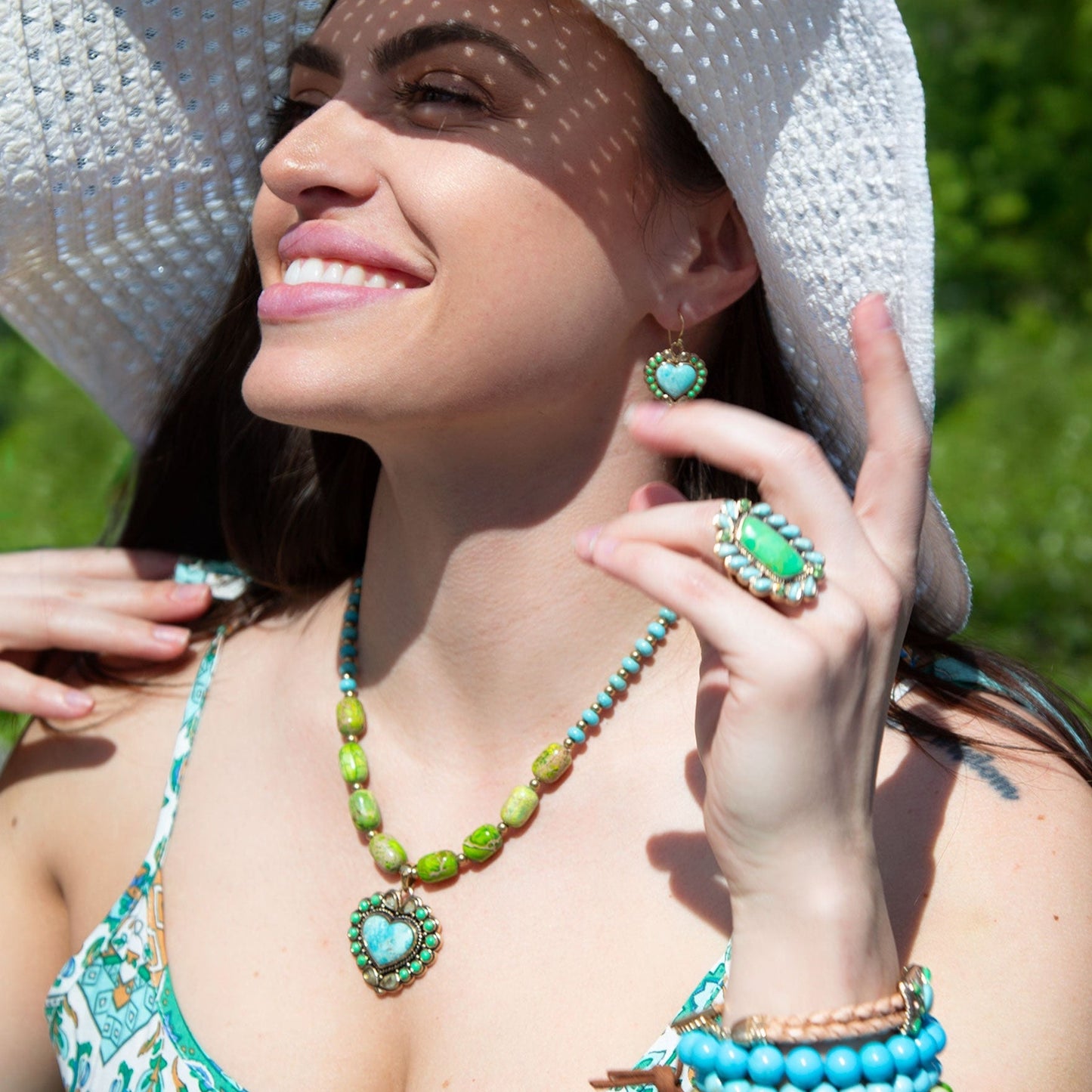 Barse Legacy Heart Lime Green and Blue Turquoise Golden Drop Earrings