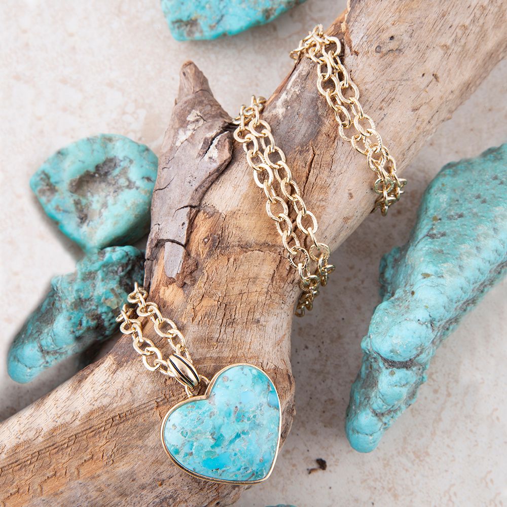 Barse Blue Turquoise Heart Pendant Golden Necklace