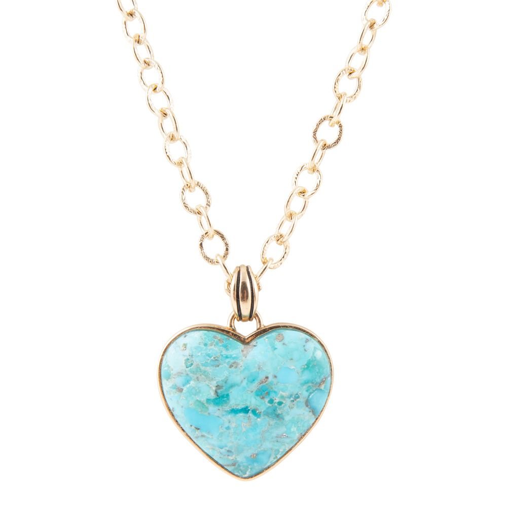Barse Blue Turquoise Heart Pendant Golden Necklace
