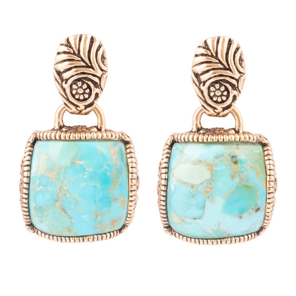 Barse Carved Blue Turquoise Golden Drop Earrings