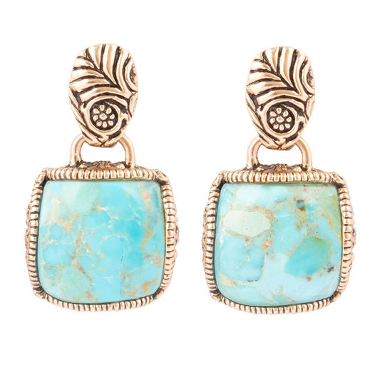 Barse Carved Blue Turquoise Golden Drop Earrings