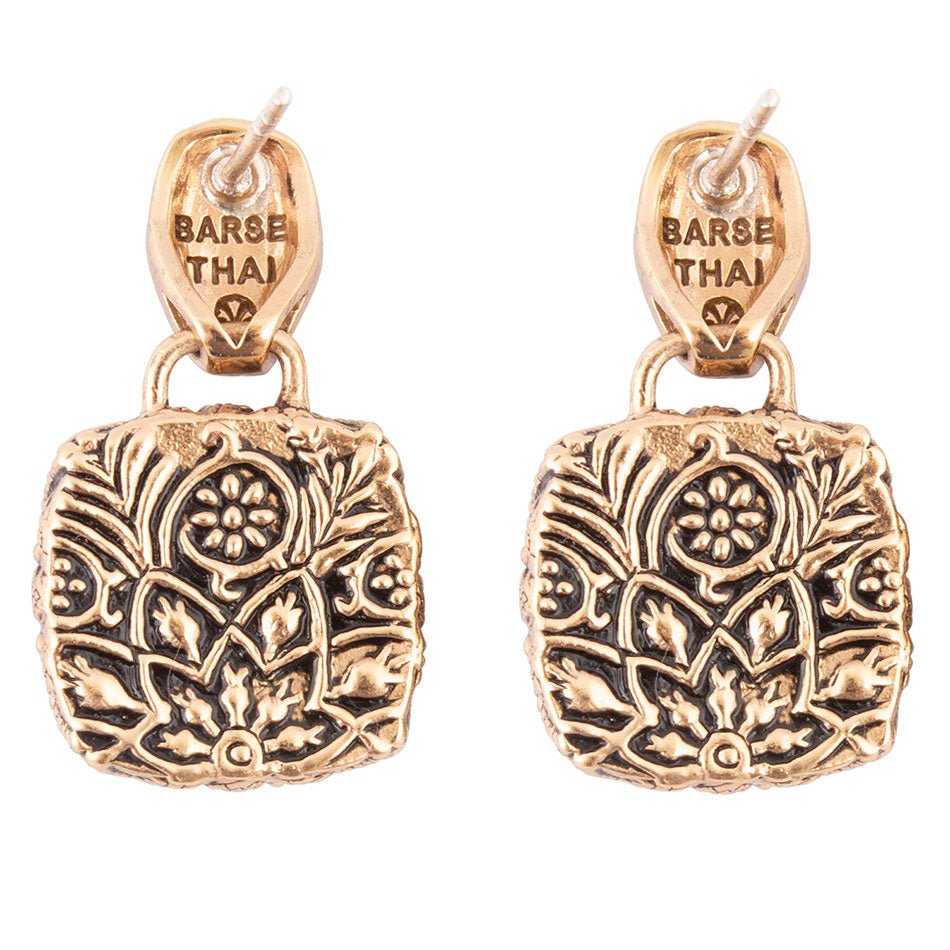 Barse Carved Blue Turquoise Golden Drop Earrings