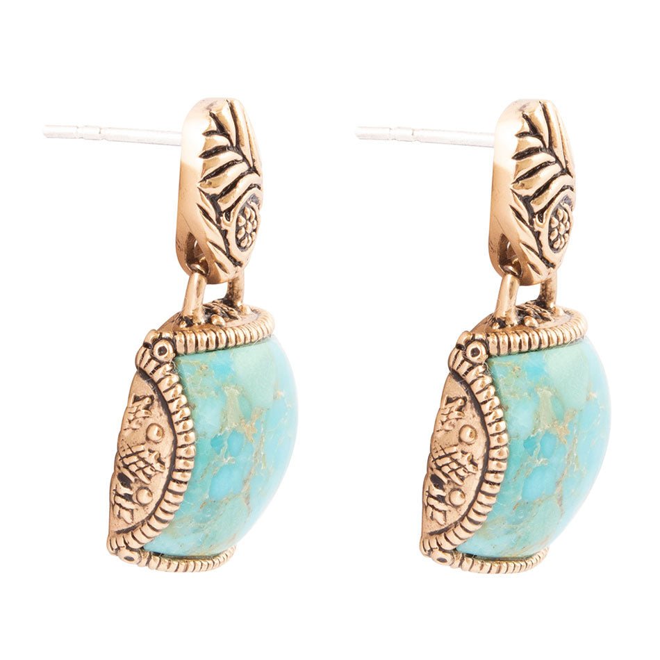Barse Carved Blue Turquoise Golden Drop Earrings
