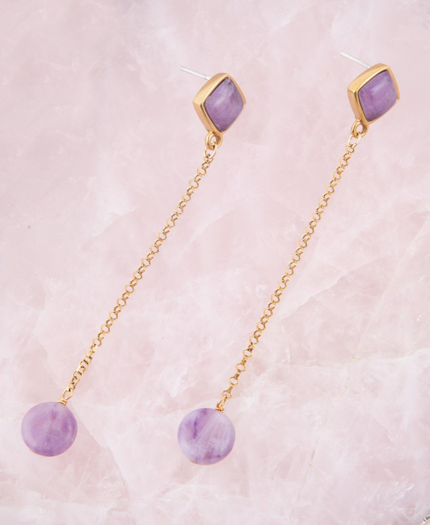 Barse Chained Up Purple Amethyst and Golden Bronze Dangle Earrings