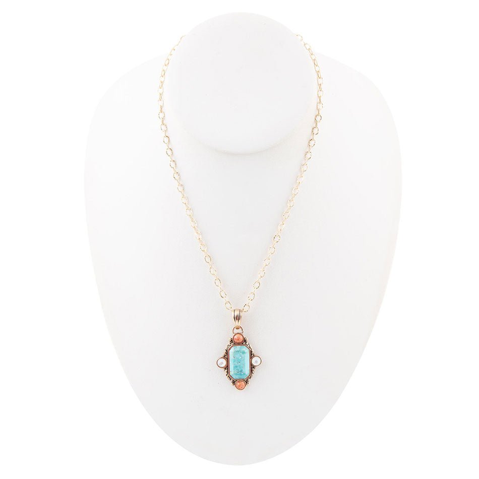 Barse Champs Blue Turquoise and Orange Coral Golden Pendant Necklace