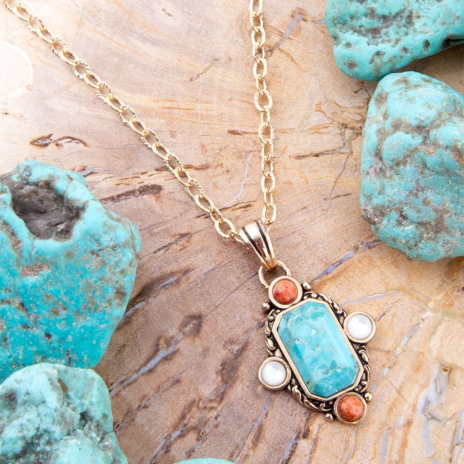 Barse Champs Blue Turquoise and Orange Coral Golden Pendant Necklace