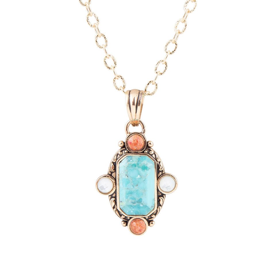 Barse Champs Blue Turquoise and Orange Coral Golden Pendant Necklace