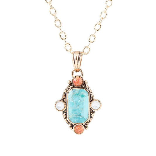 Barse Champs Blue Turquoise and Orange Coral Golden Pendant Necklace