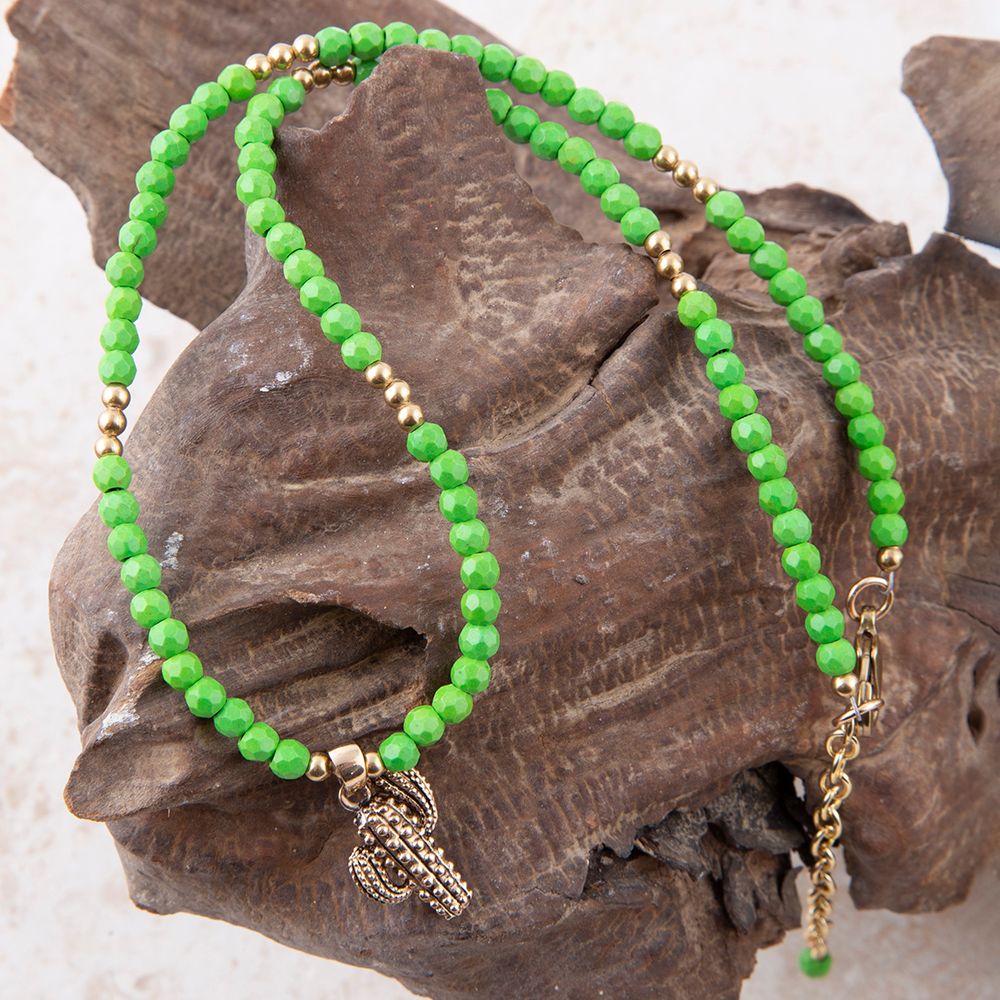 Charmed Cactus Lime Green Turquoise Golden Pendant Necklace