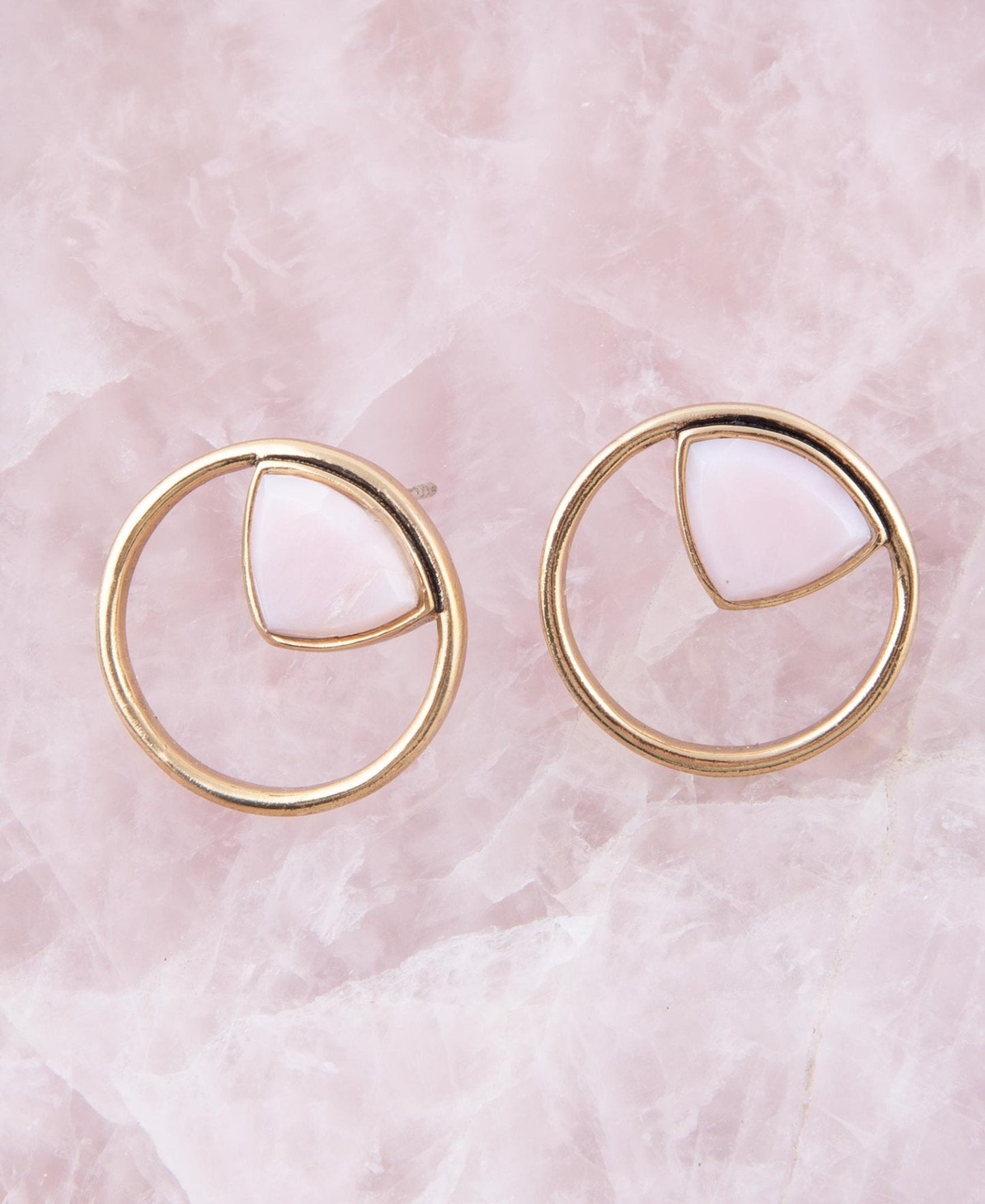 Circle Pink Opal and Golden Bronze Post Stud Earrings