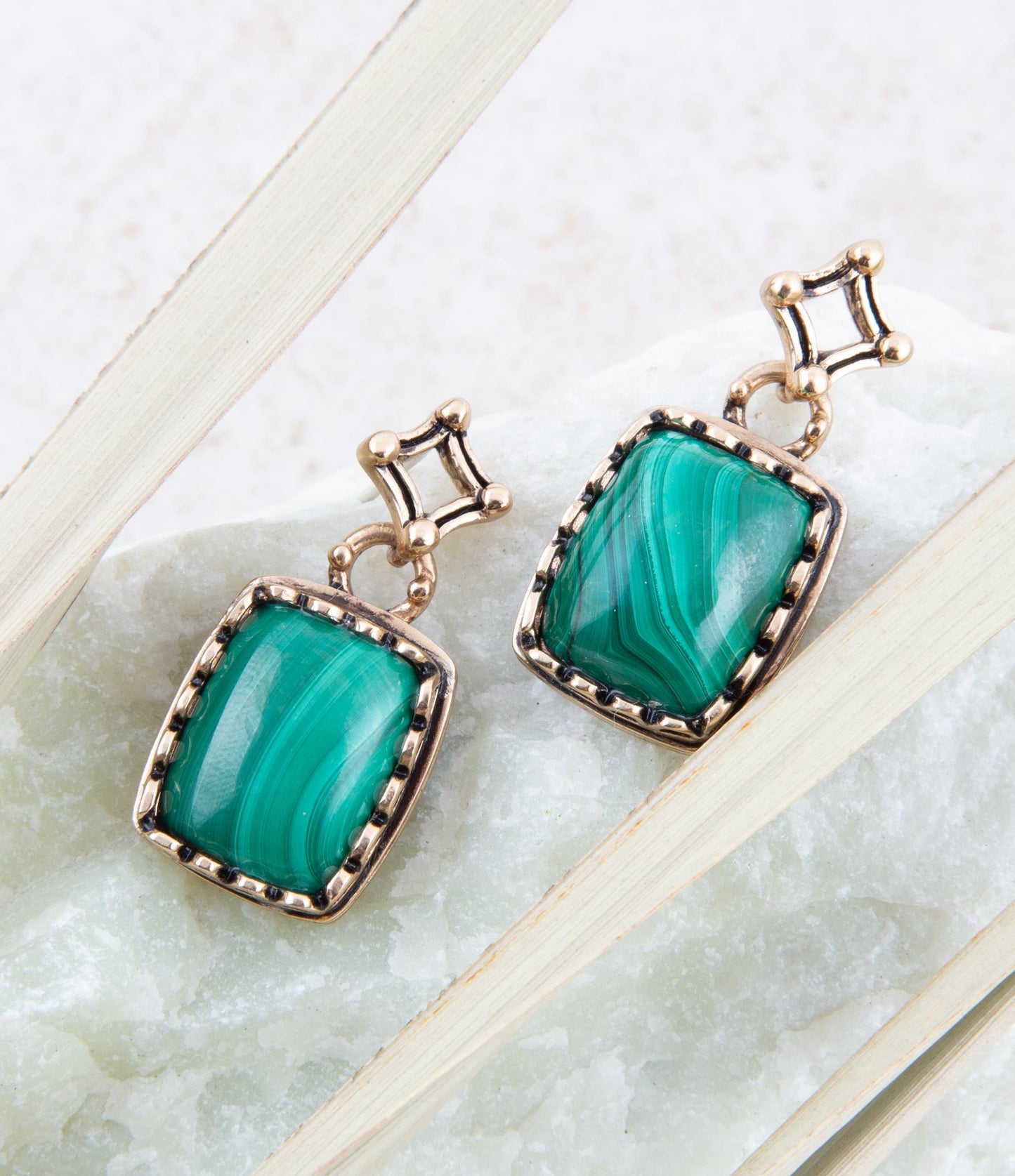Cognate Green Malachite Post Drop Golden Earrings