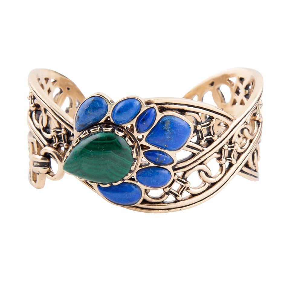 Barse Cognate Green Malachite and Blue Lapis Golden Cuff Bracelet