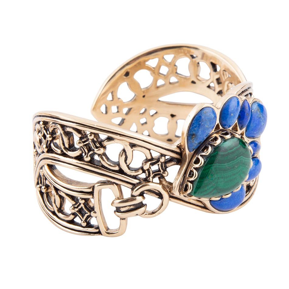 Barse Cognate Green Malachite and Blue Lapis Golden Cuff Bracelet