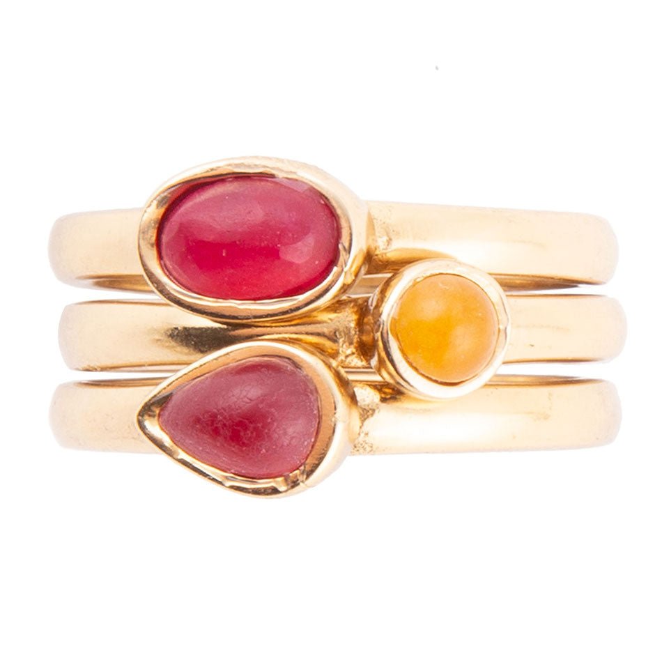 Barse Dainty Stackable Red and Yellow Agate Golden Ring Set