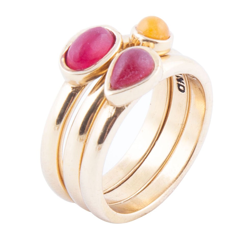Barse Dainty Stackable Red and Yellow Agate Golden Ring Set