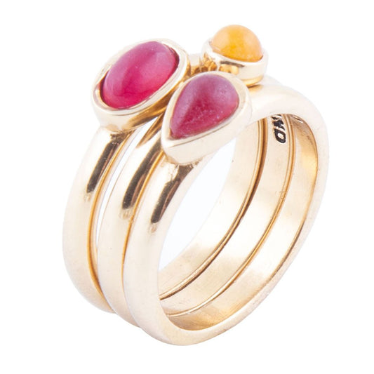 Barse Dainty Stackable Red and Yellow Agate Golden Ring Set