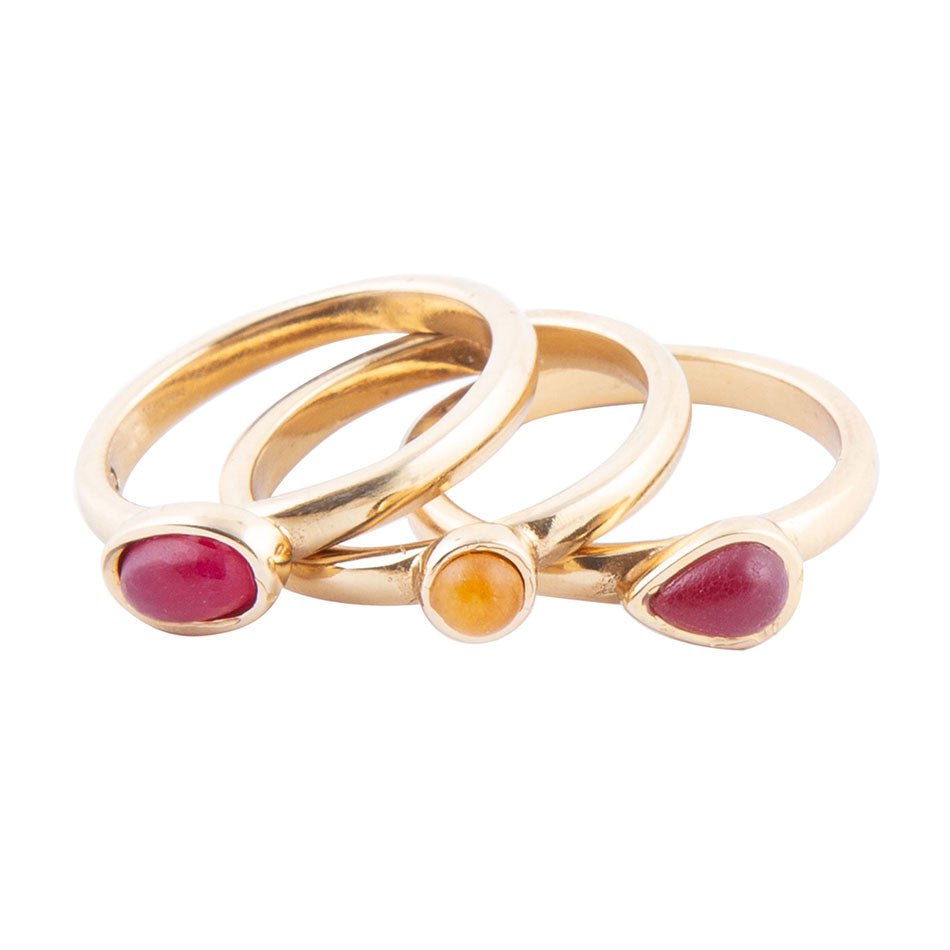 Barse Dainty Stackable Red and Yellow Agate Golden Ring Set