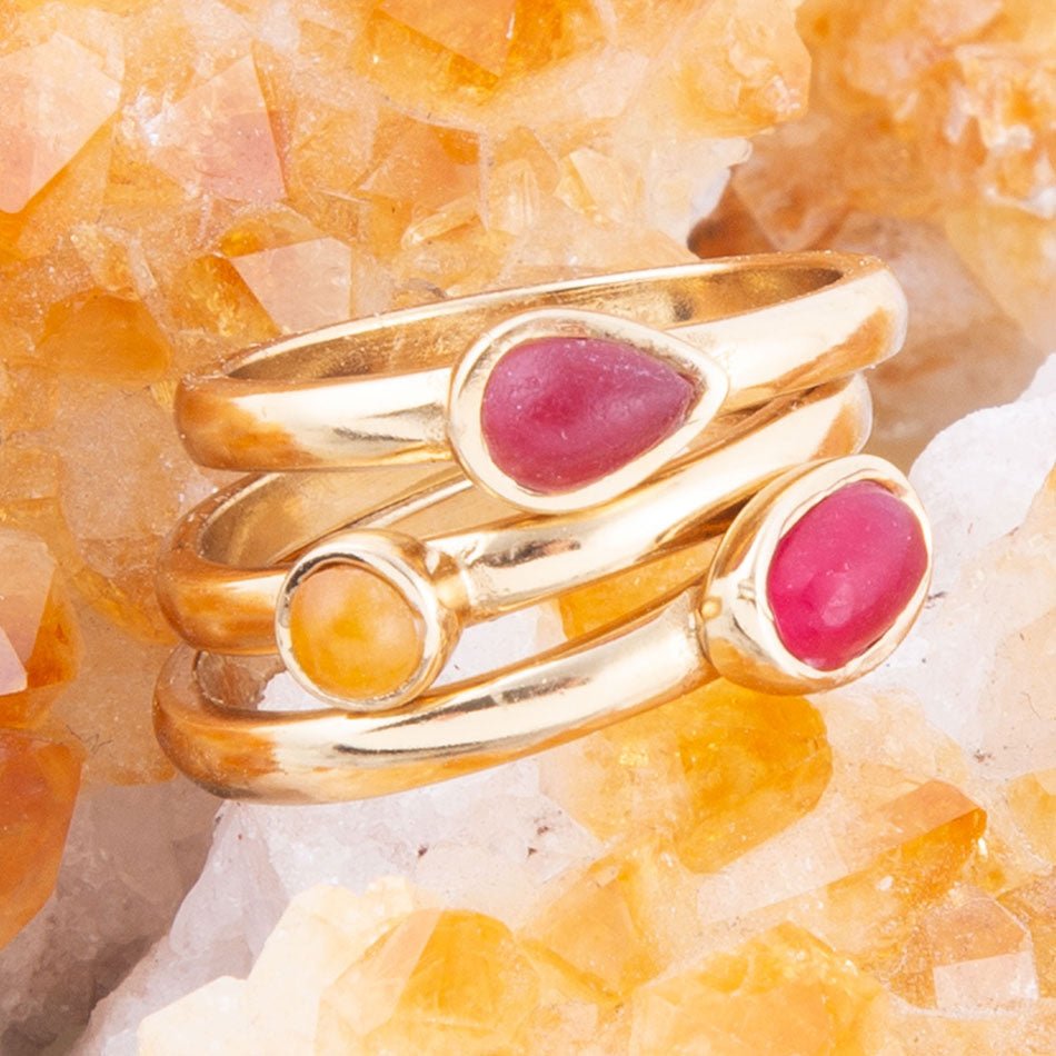 Barse Dainty Stackable Red and Yellow Agate Golden Ring Set