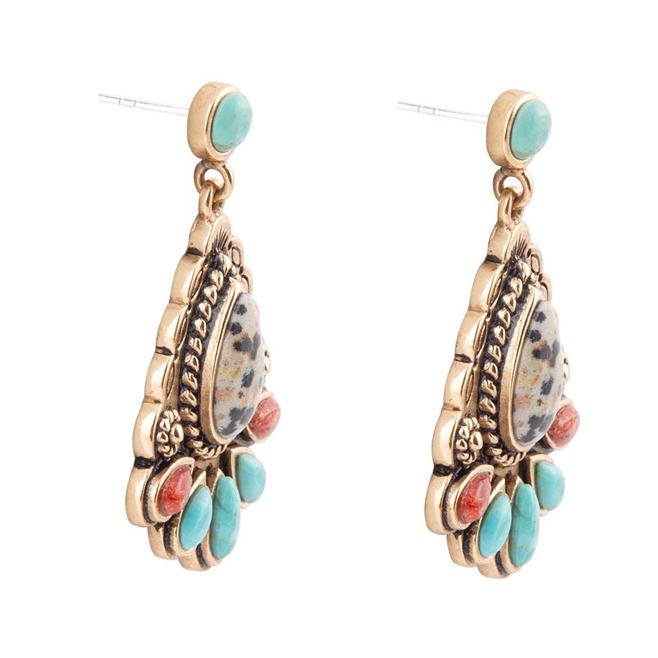Barse Dalmatian Jasper Colorful Golden Drop Earrings