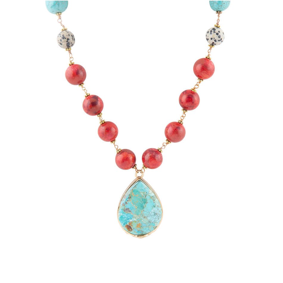 Barse Blue and Red Turquoise Teardrop Golden Necklace